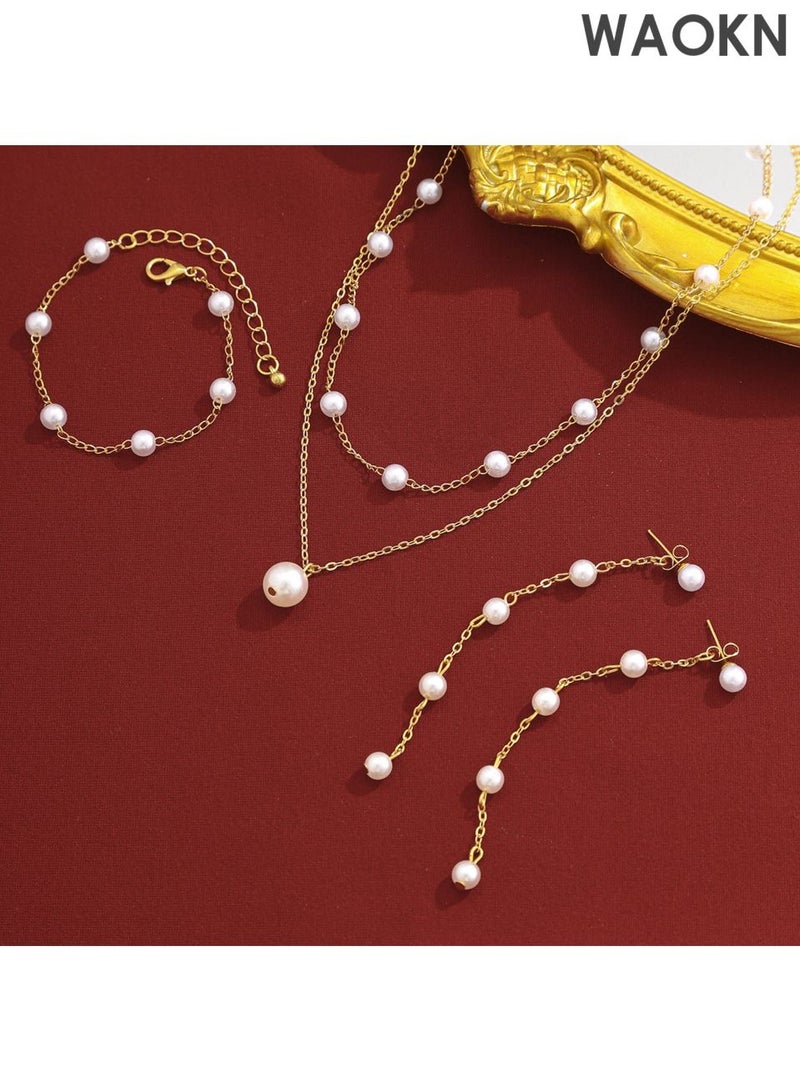 WAOKN 3pcs Pearl Necklace, Earrings & Bracelet Set - 14K Gold Plated Pearl Jewelry - Adjustable Choker , Drop Earrings - Dainty Wedding Jewellery Set , Fashionable and versatile, suitable for dating and shopping , unisex , gold . - Image 5